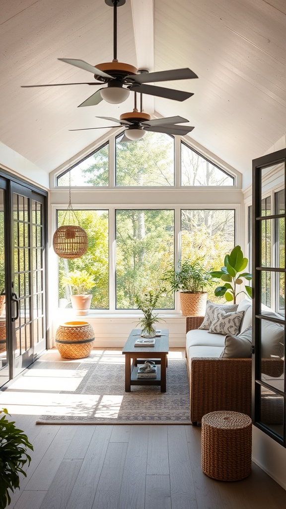 A bright sunroom with large windows, comfortable seating, and indoor plants.