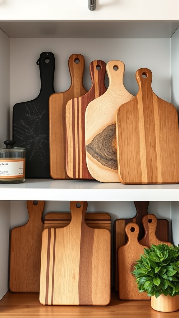 A collection of wooden cutting boards in various shapes and colors on a kitchen shelf, with a small plant and a candle.