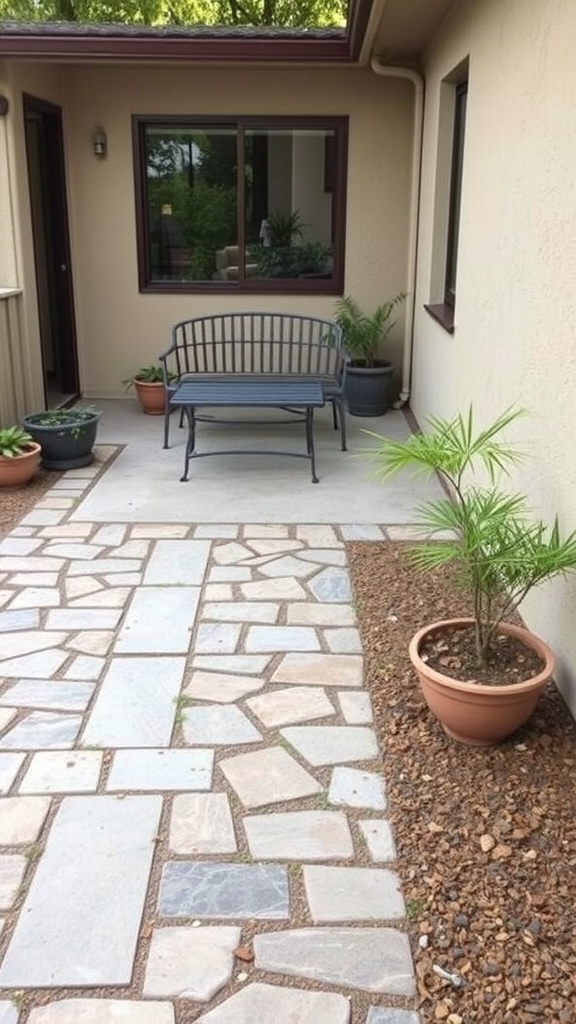 A garden pathway made of stones leading to a seating area with plants around.