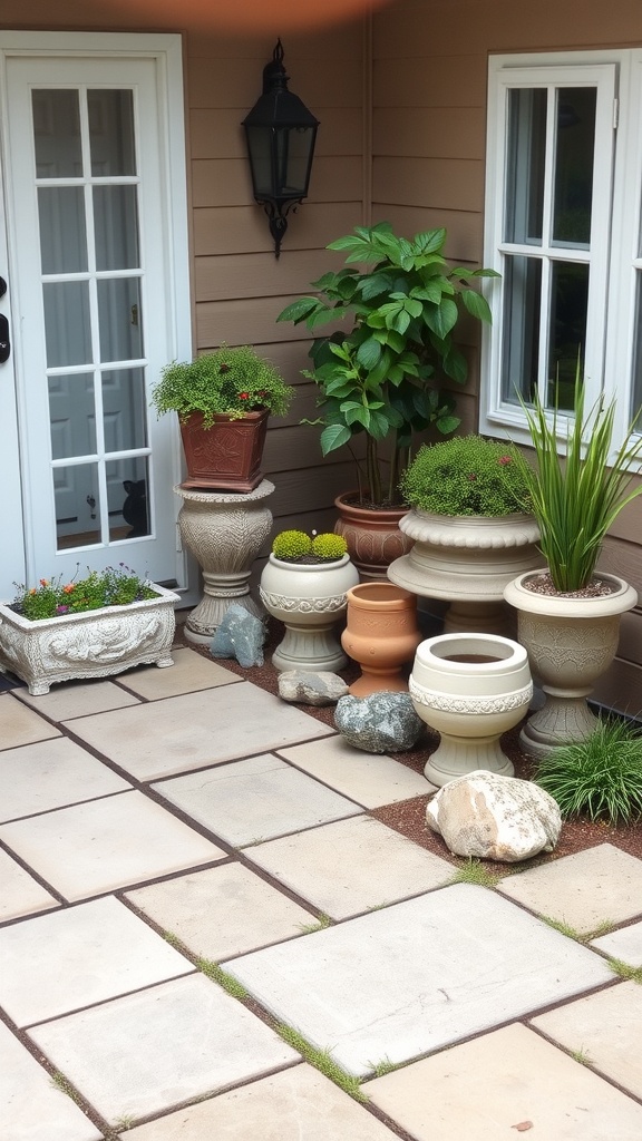 A small outdoor patio featuring various decorative pots and plants arranged neatly along a stone pathway.