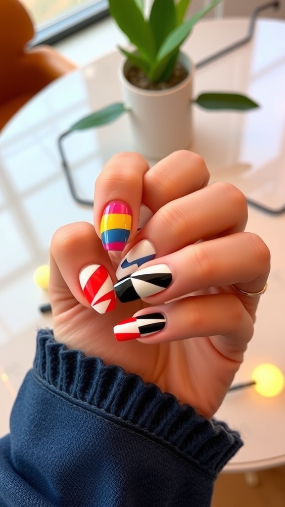 A close-up of colorful geometric nail patterns on fingers, featuring various shapes and designs.