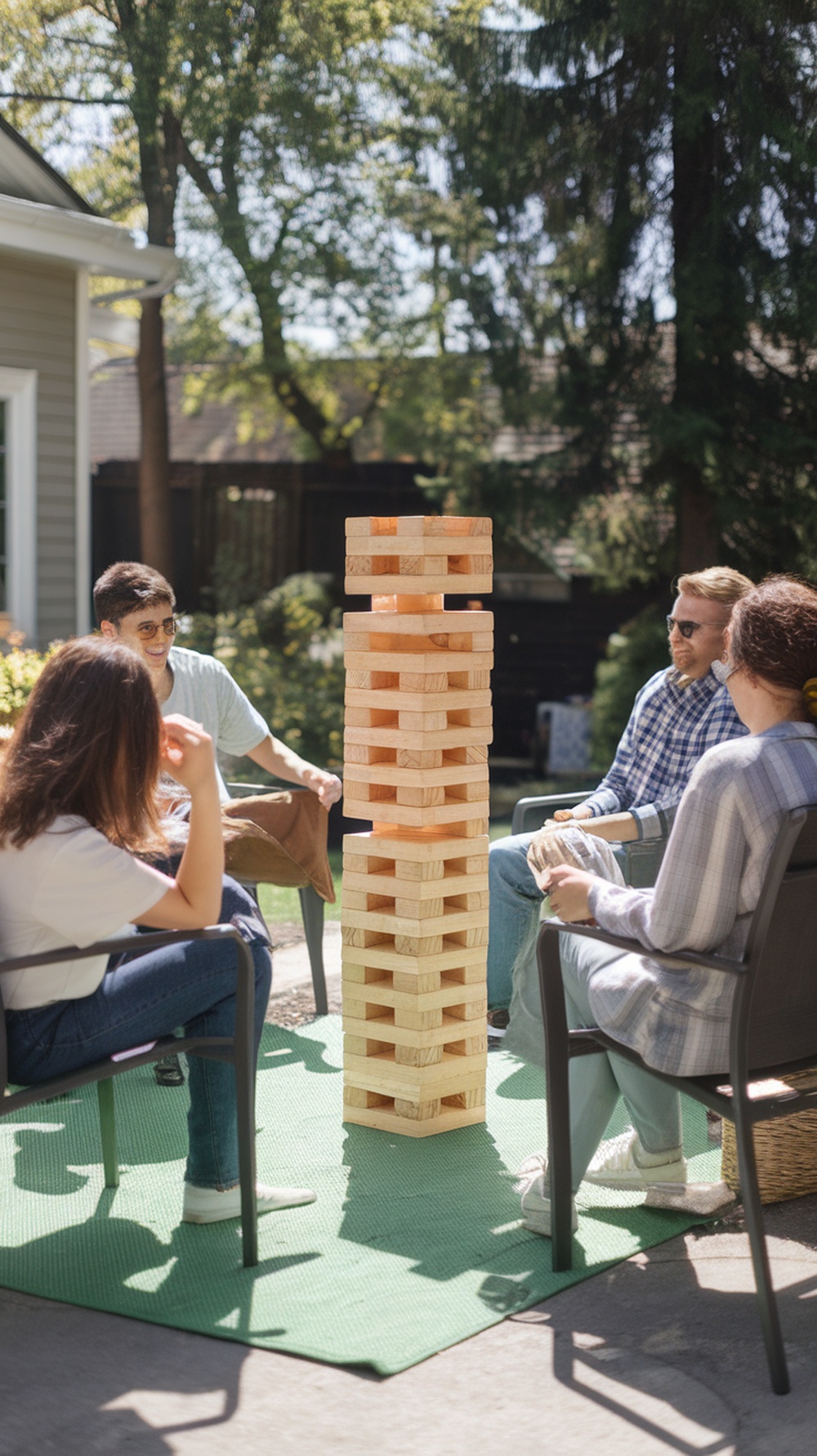 Group of friends playing Giant Jenga outdoors on a sunny day.