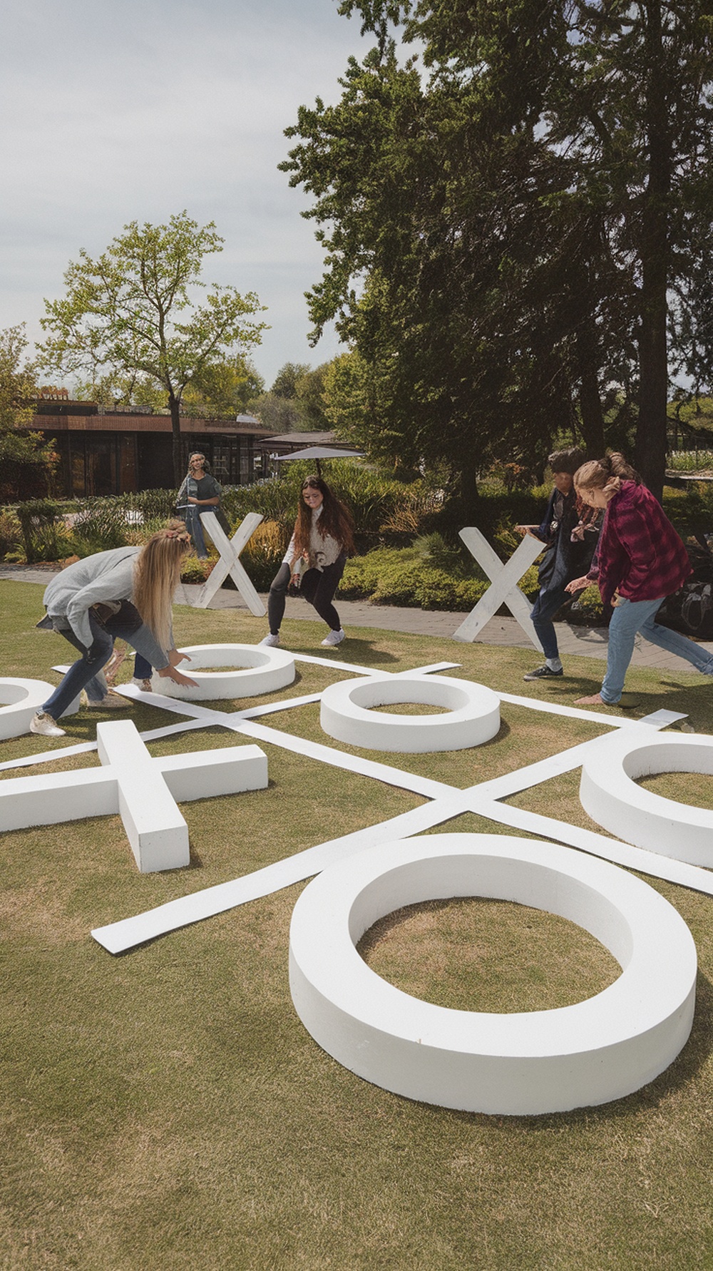 Group of friends playing Giant Tic Tac Toe on grass