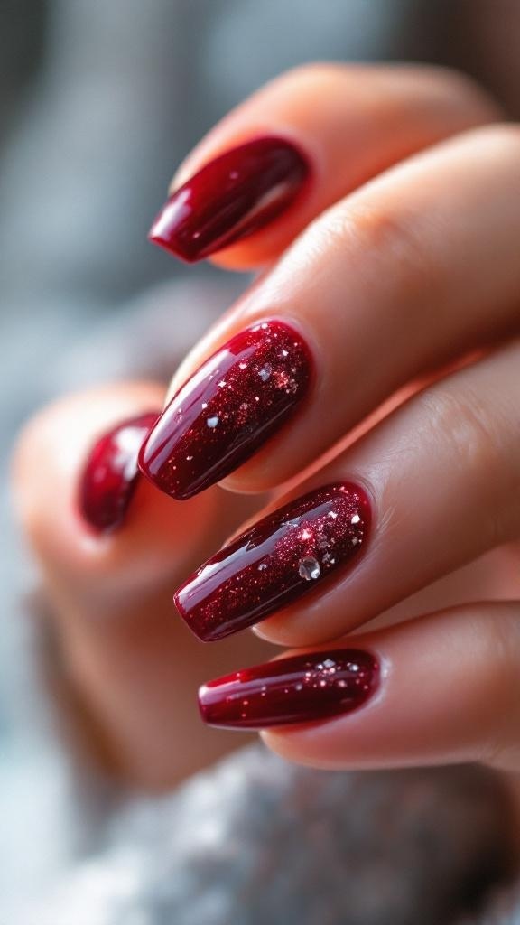 Close-up of cherry red nails with glitter and a glossy finish