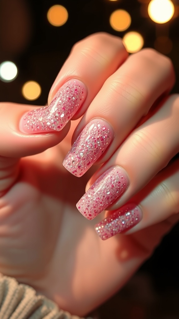 A hand with nails painted in soft pink and silver glitter, showcasing a whimsical nail design.