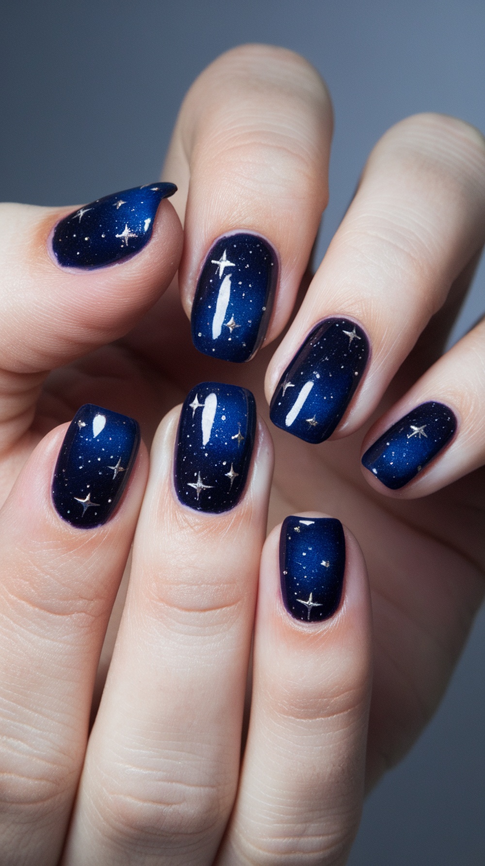Nails painted in a deep navy blue with star designs, resembling a starry night sky.