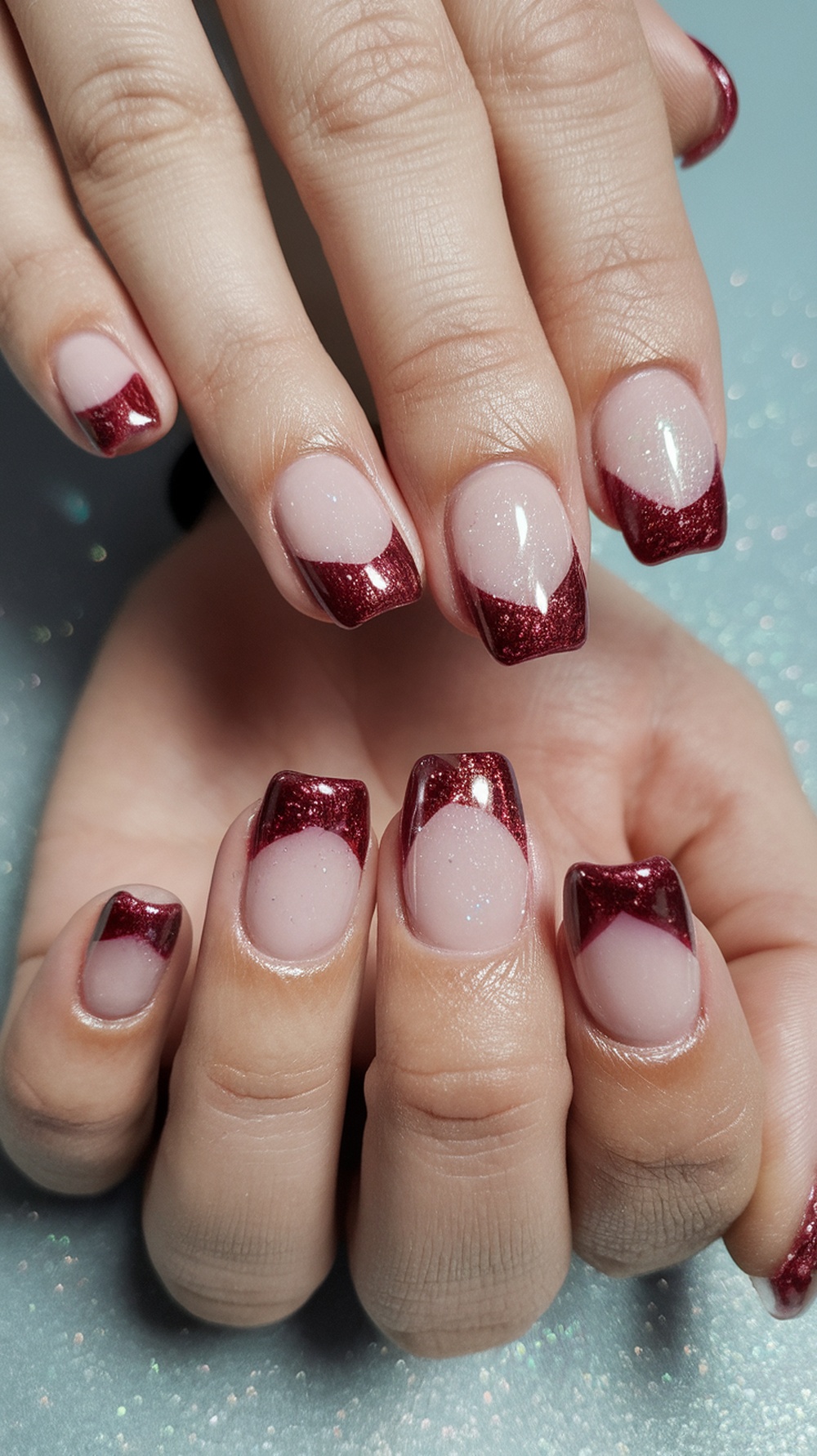 Nails with glittery burgundy tips on a nude base, showcasing a modern French tip design.
