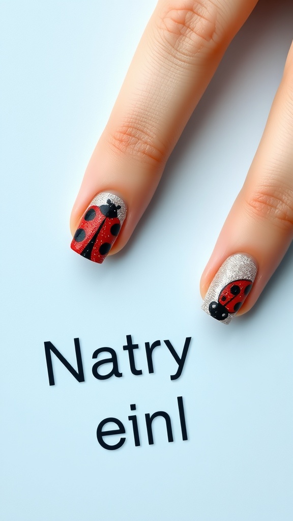 Close-up of glittery ladybug nail art with a silver background