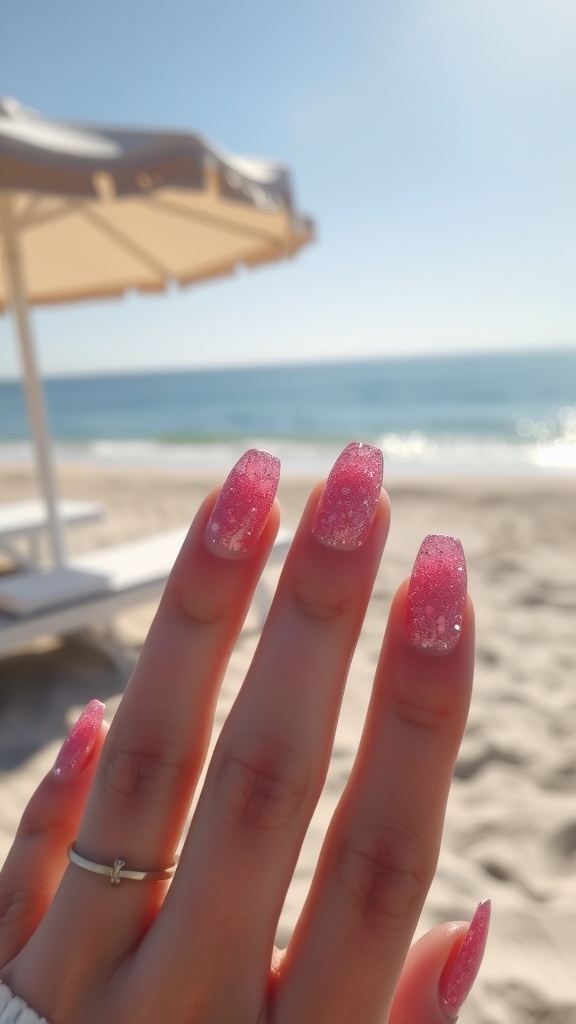 A close-up of hands with glittery pink nails against a beach background
