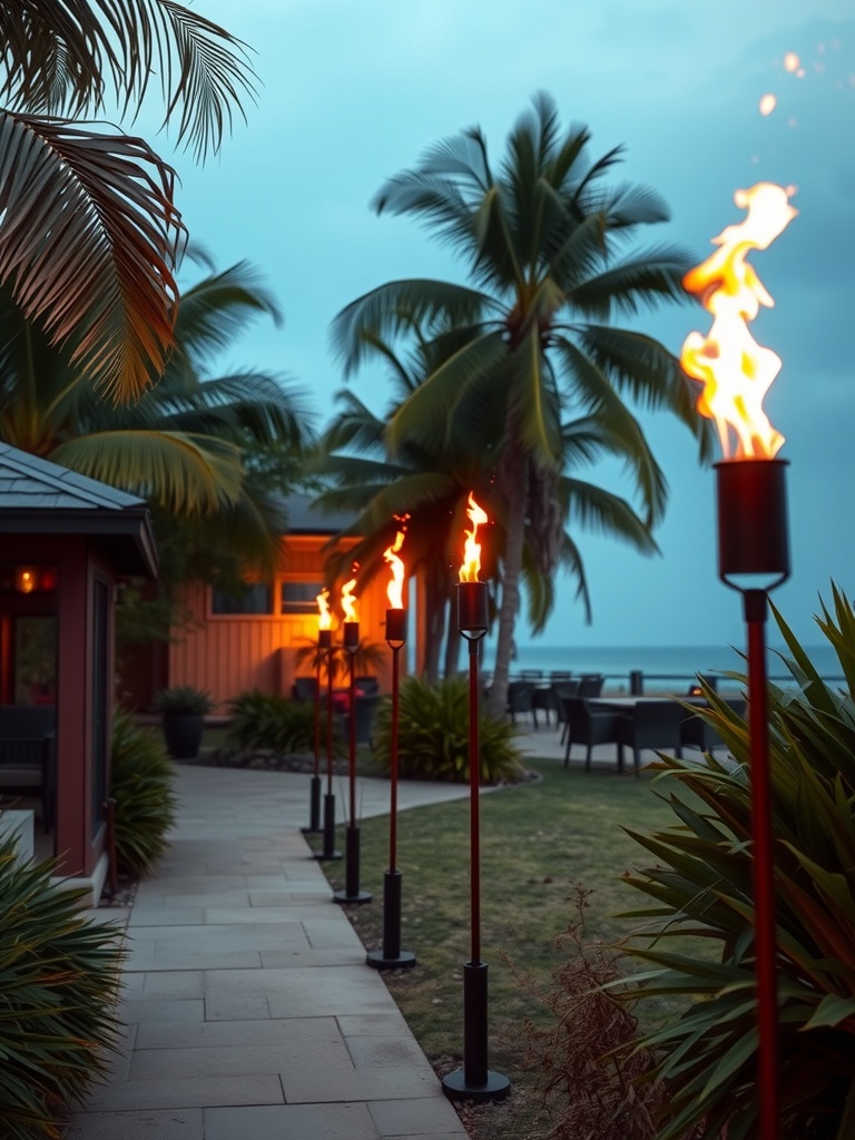 Pathway lined with tiki torches on a summer night