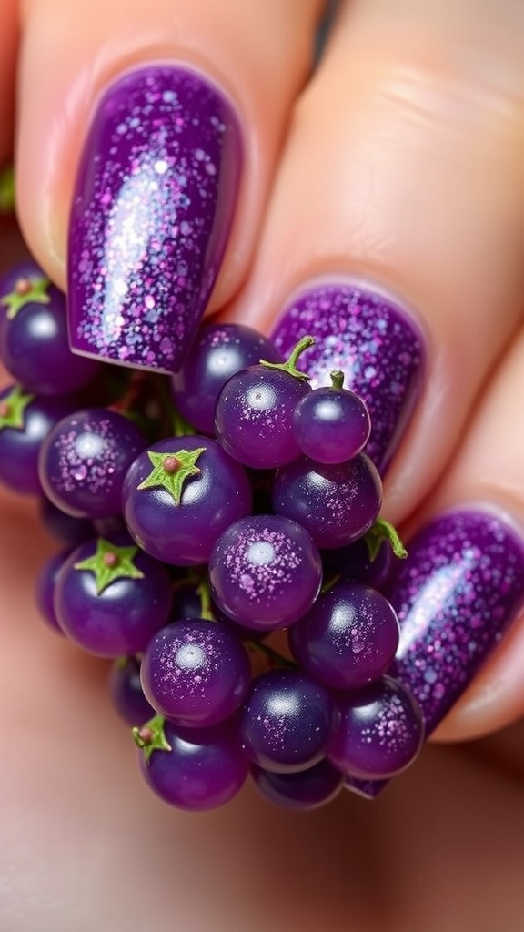 Close-up of a bunch of grapes with varying shades of purple and green leaves.
