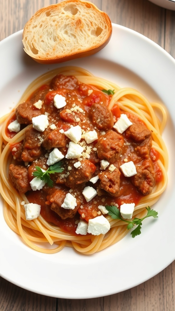 A plate of Greek spaghetti with meat sauce, topped with feta cheese and parsley, alongside a slice of bread.