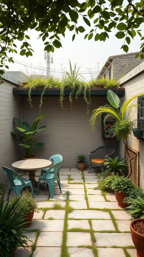 A small outdoor patio with a green roof, featuring potted plants and a cozy seating area.