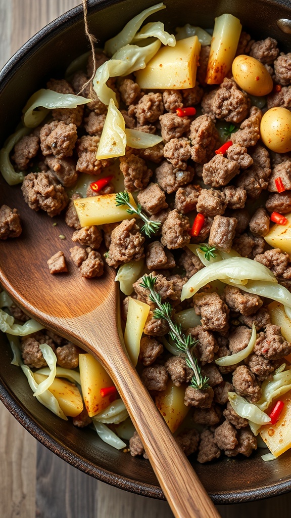 A skillet filled with ground beef, cabbage, and potatoes, garnished with herbs and spices.