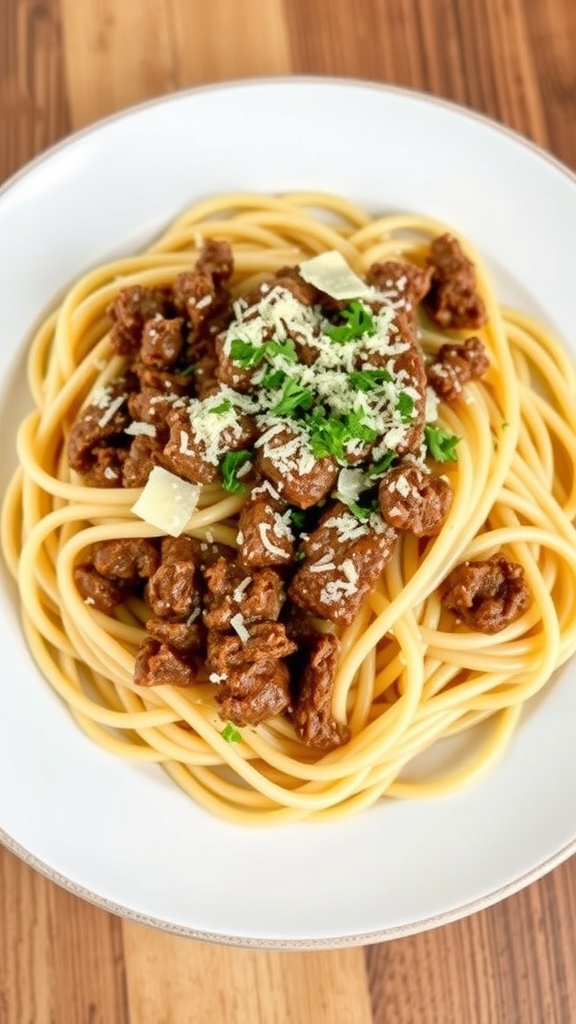 A plate of spaghetti topped with ground beef, parsley, and cheese.