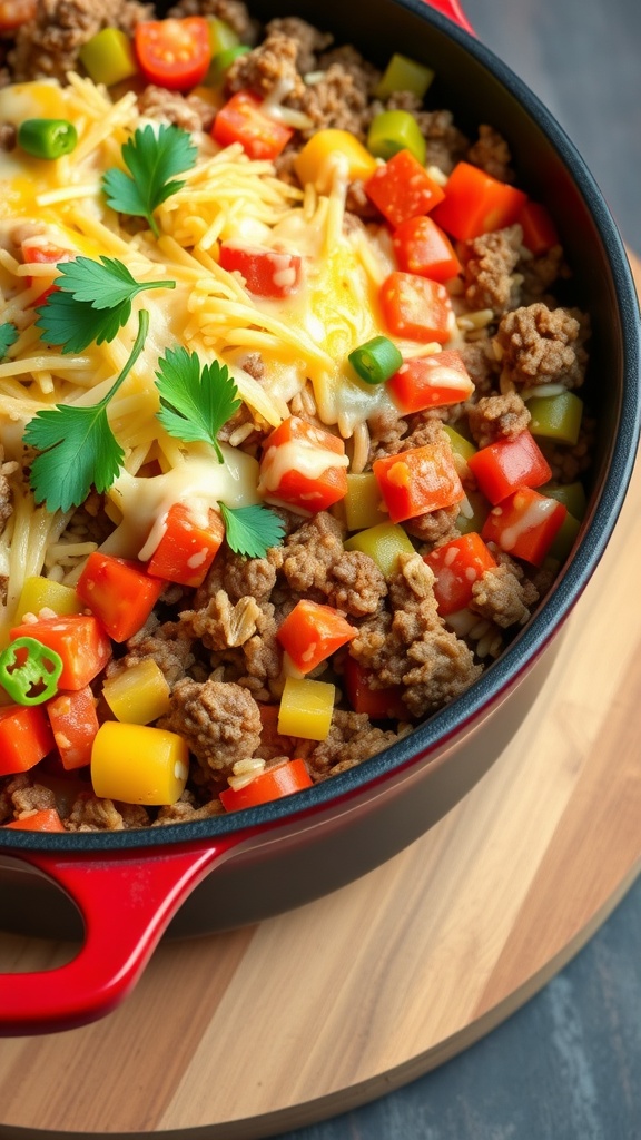 A skillet filled with ground beef, colorful bell peppers, and melted cheese.