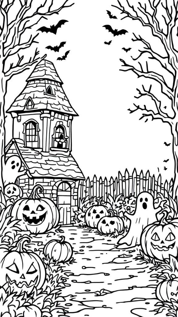 A Halloween-themed coloring page featuring a spooky house, pumpkins, a ghost, and bats.