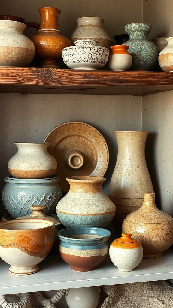 A collection of handcrafted pottery displayed on a wooden shelf, featuring various shapes and colors.