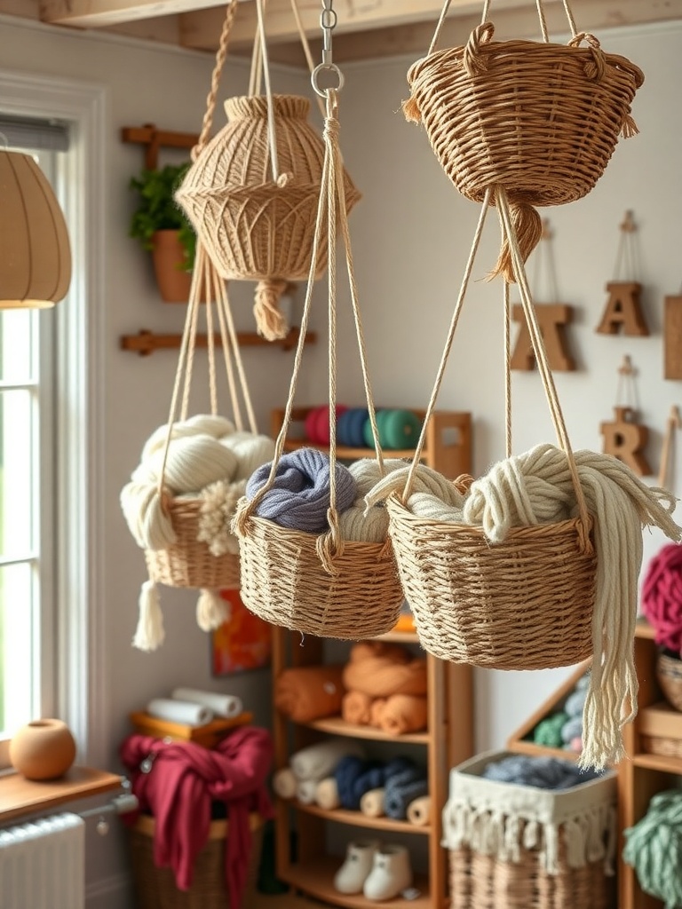 Hanging baskets filled with yarn in a craft room