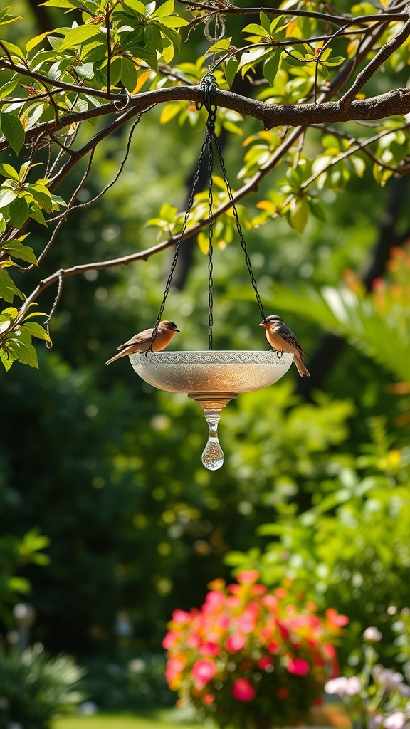 A hanging birdbath with two birds perched on it, surrounded by lush greenery and colorful flowers.
