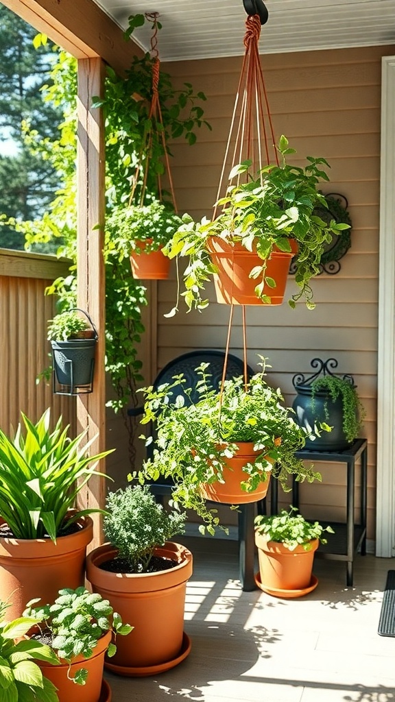 A cozy outdoor patio featuring a hanging herb garden with terracotta pots filled with various herbs.