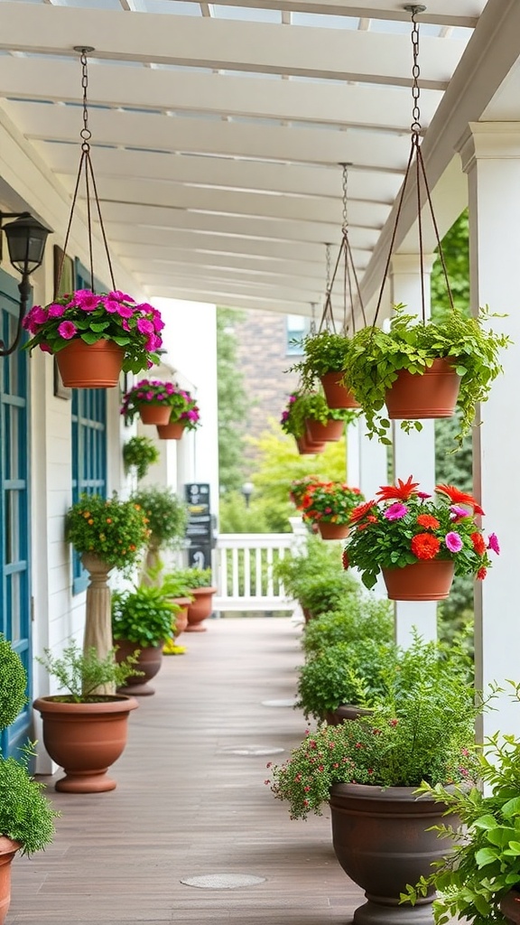 A beautiful display of hanging planters with colorful flowers in terracotta pots on a patio.
