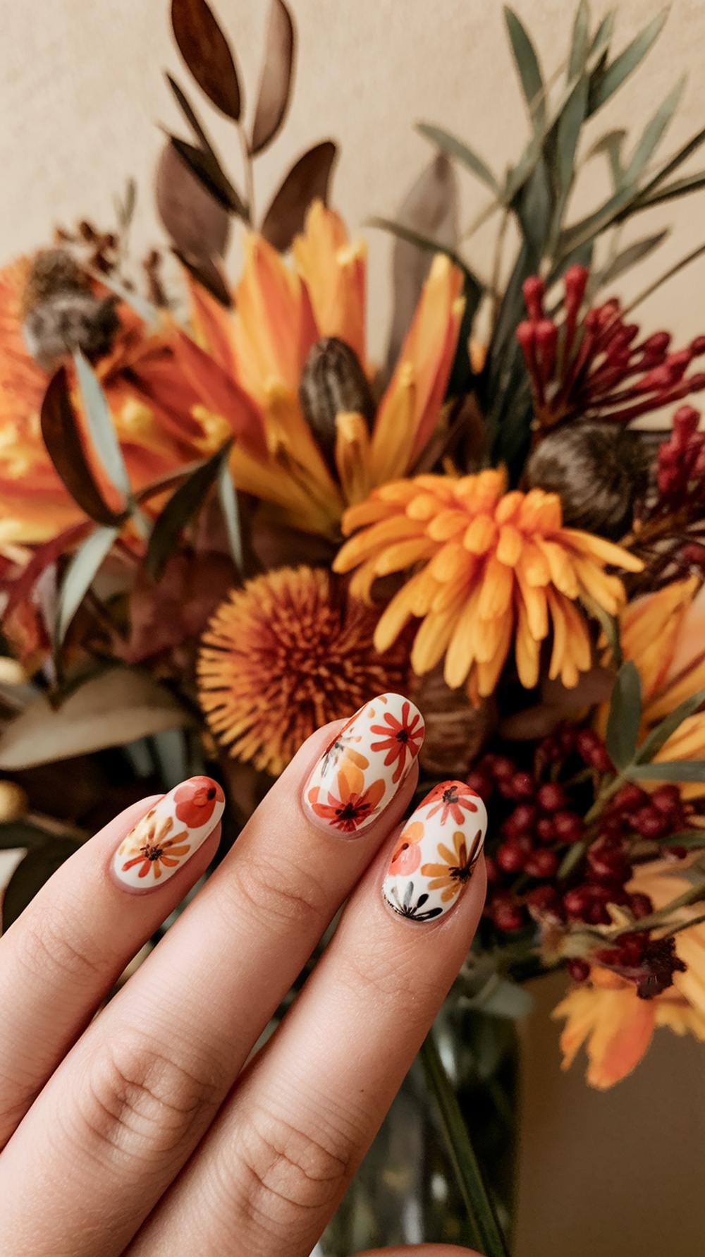Nail design featuring colorful floral patterns against a backdrop of autumn flowers.