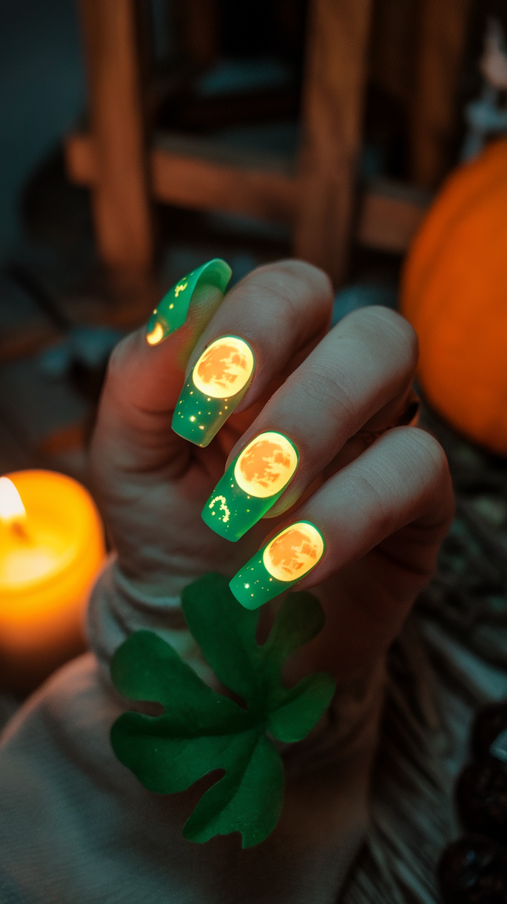 Nail design featuring glowing moon patterns with a cozy fall theme.