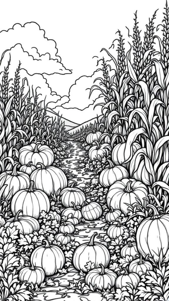 A black and white illustration of a pumpkin patch with corn stalks on either side and a winding path.