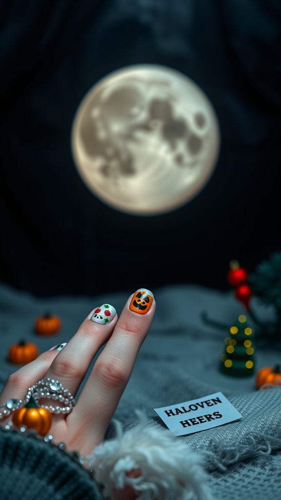A hand with holiday-themed nail designs featuring a pumpkin and ghost, with a glowing moon in the background.