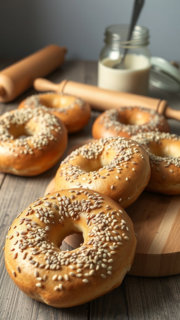 Freshly baked sourdough bagels topped with sesame seeds on a wooden surface