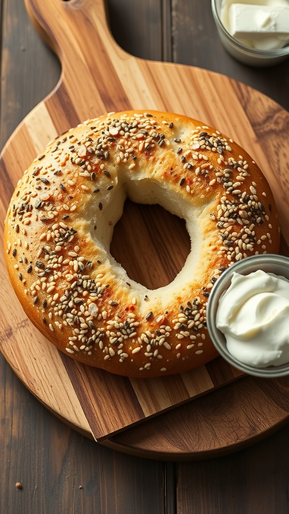 Homemade everything bagel topped with sesame seeds and poppy seeds, served with cream cheese on a wooden cutting board.