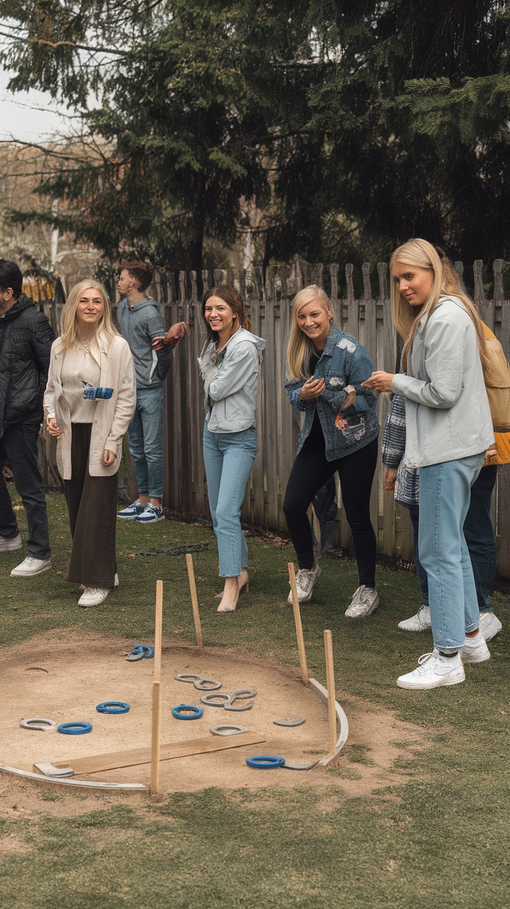 Group of people playing horseshoes in a backyard
