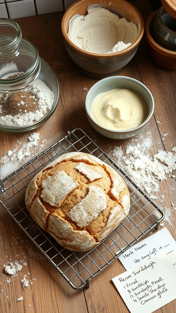 A freshly baked sourdough loaf on a cooling rack with various ingredients and a handwritten recipe note.