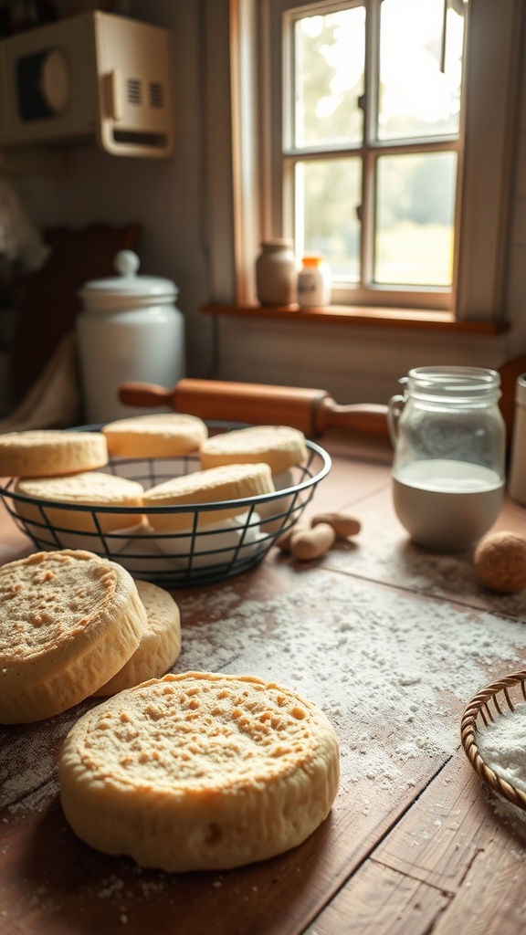 Freshly baked sourdough English muffins on a wooden table in a cozy kitchen setting
