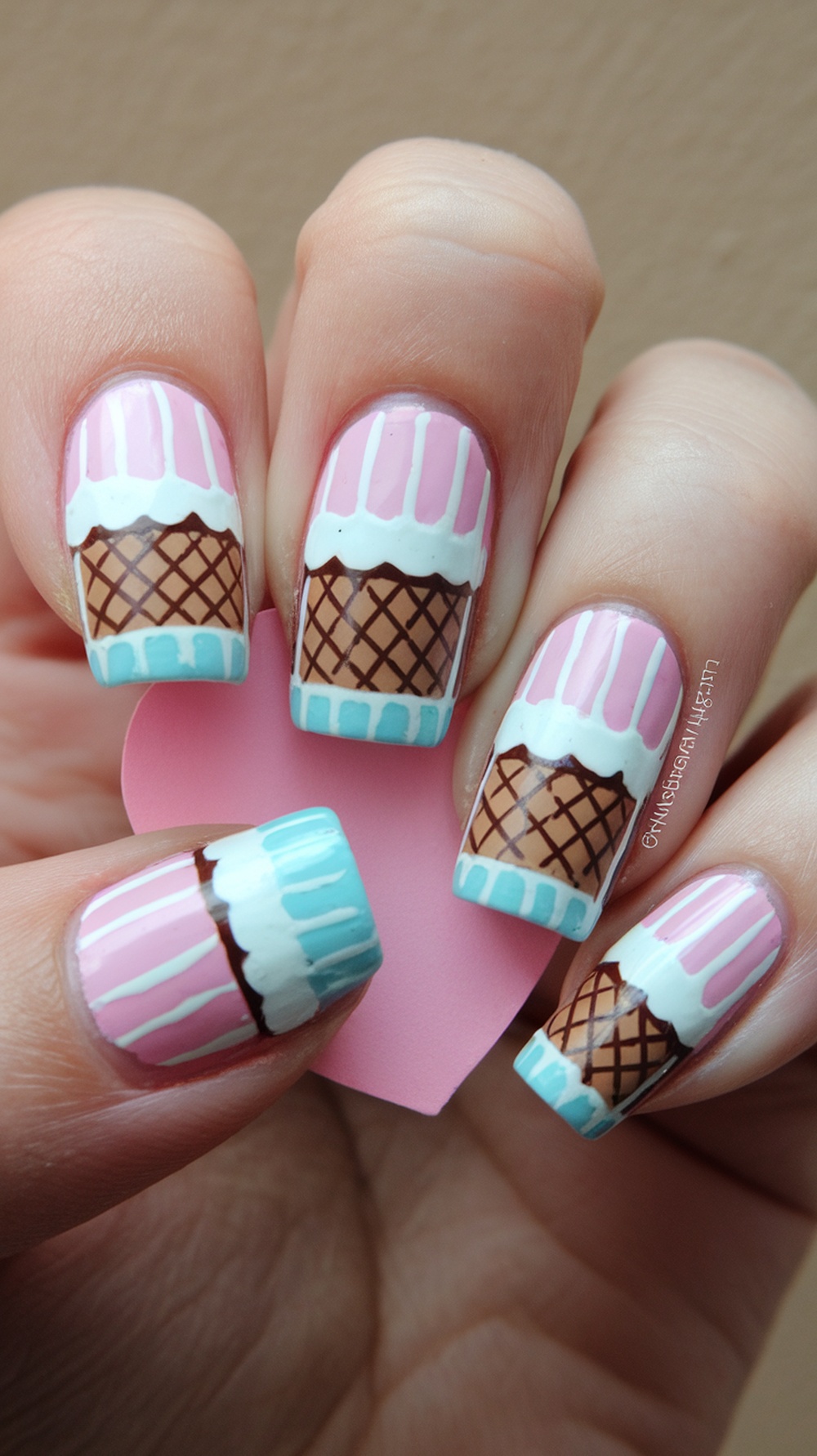 Nail art featuring colorful ice cream cones with pastel colors and detailed designs.