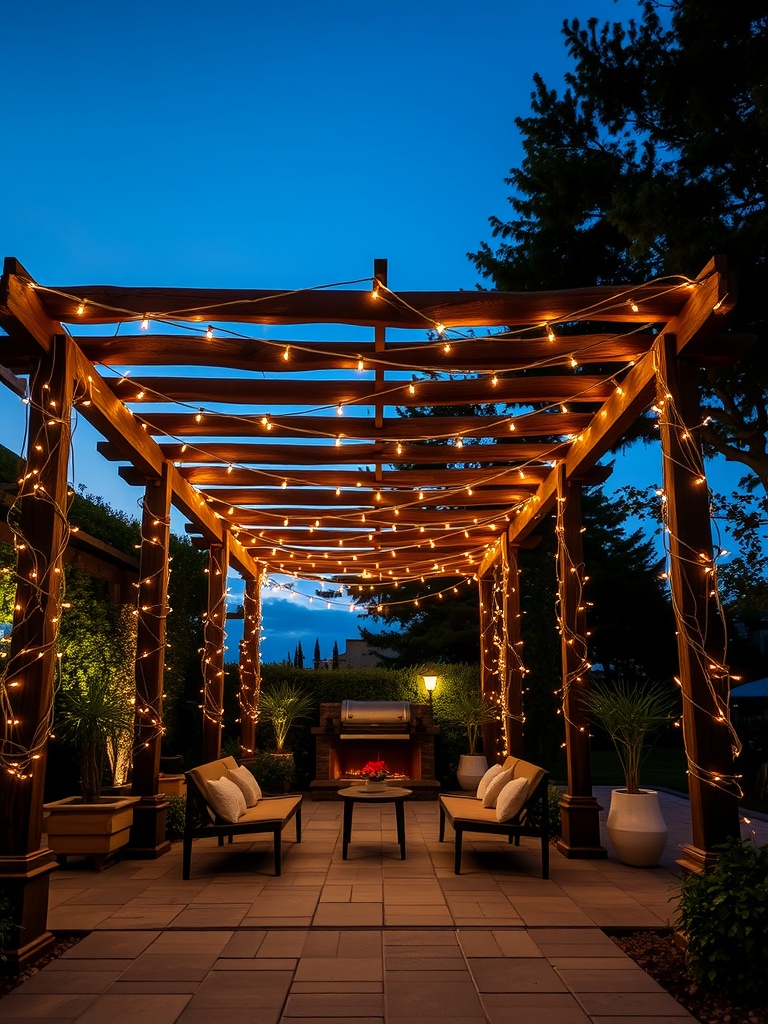 A beautifully lit pergola with string lights, comfortable seating, and surrounding greenery, set against a twilight sky.