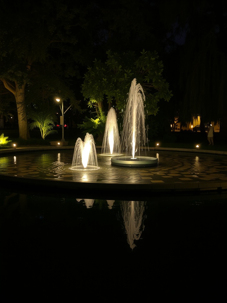 A beautifully illuminated fountain at night, surrounded by greenery and soft lights.
