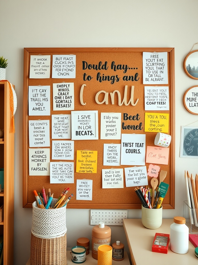 A corkboard filled with colorful notes and quotes, surrounded by craft supplies.