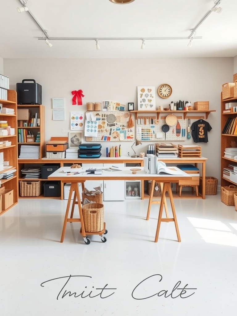 A well-organized craft room featuring a spacious crafting table surrounded by shelves filled with supplies.