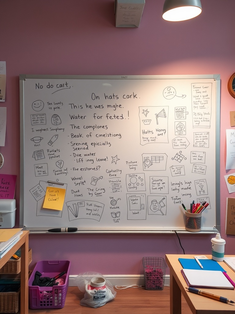 A dry erase board filled with sketches, notes, and reminders in a craft room.
