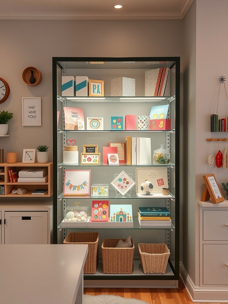 A lighted display case showcasing colorful cards and projects in a craft room.