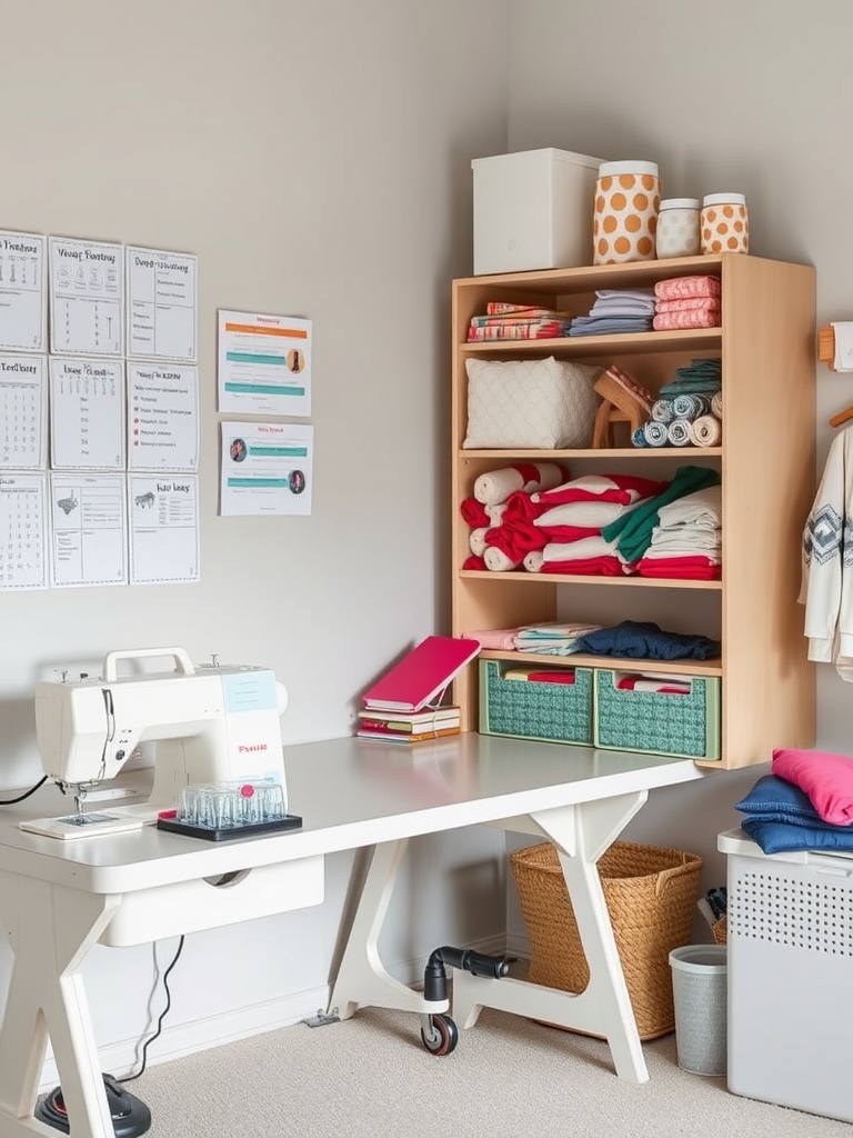 A bright sewing station with a sewing machine on a table, organized shelves with fabrics and supplies, and colorful baskets.
