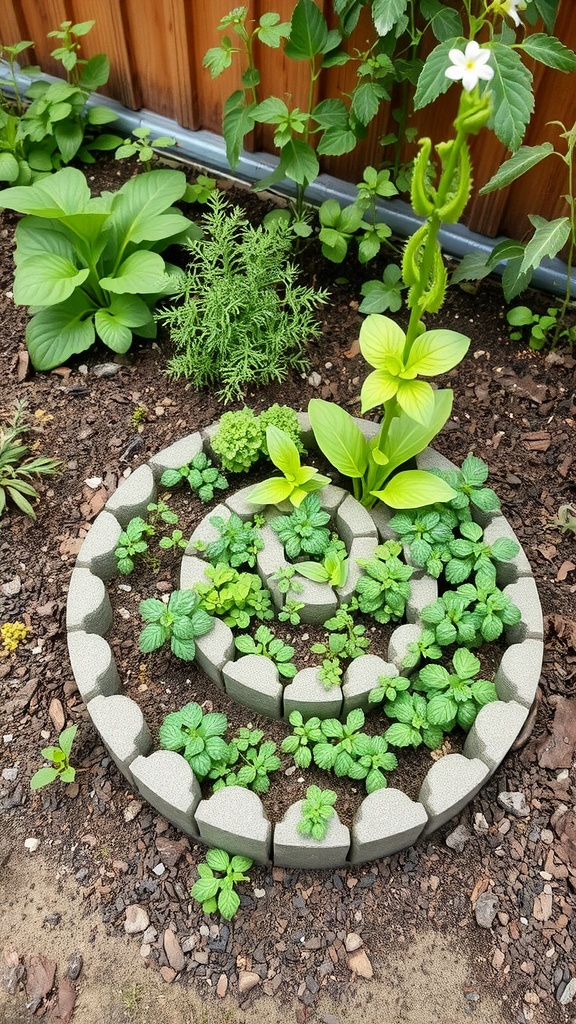 A small herb spiral garden featuring various herbs arranged in a spiral pattern with stone borders.