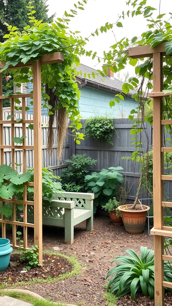 A small garden featuring wooden trellises with climbing plants, a green bench, and various potted plants.