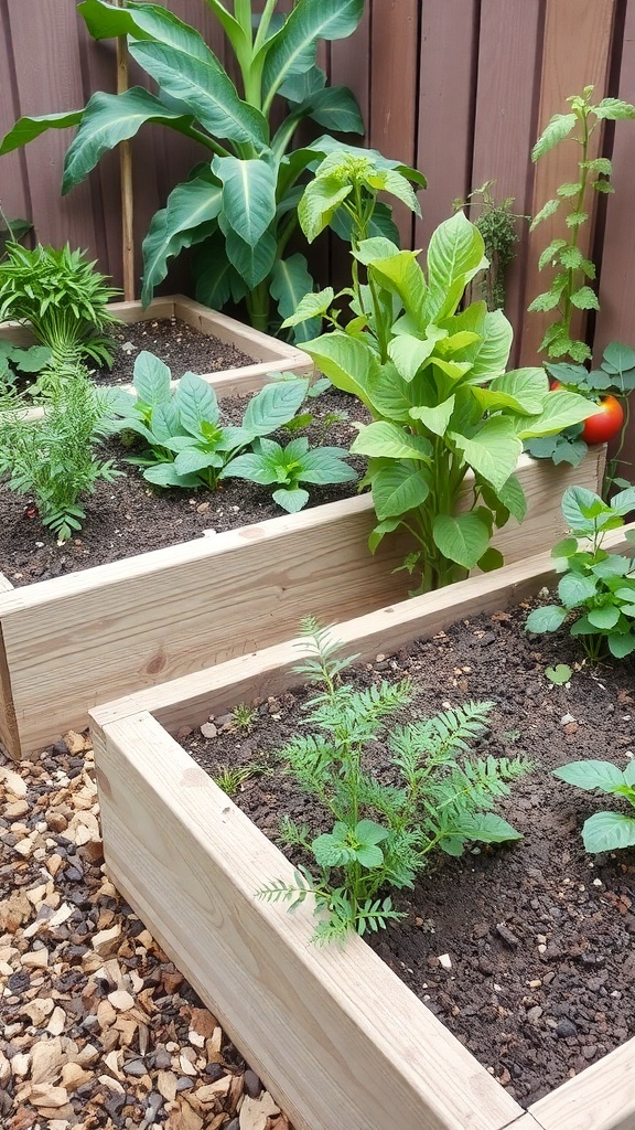 Raised garden beds with various edible plants including greens and herbs.