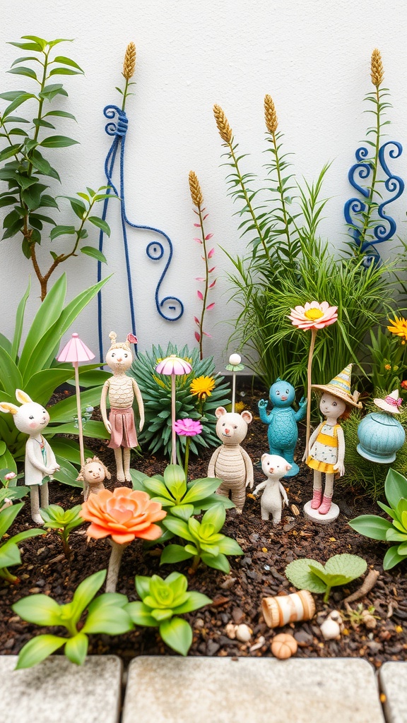 A small garden featuring whimsical figurines and colorful plants.