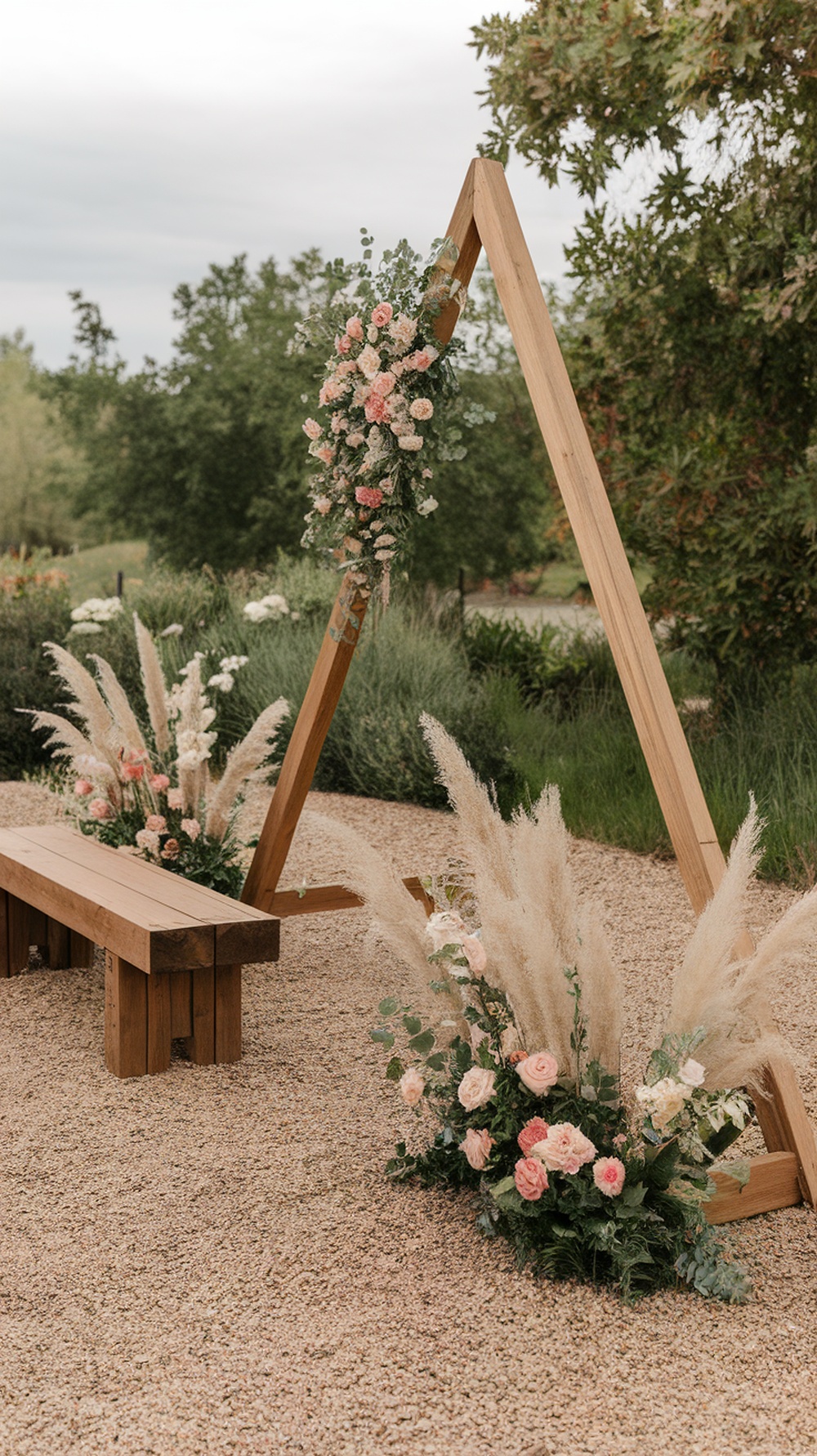 Wooden arch with flowers and greenery for outdoor party setup