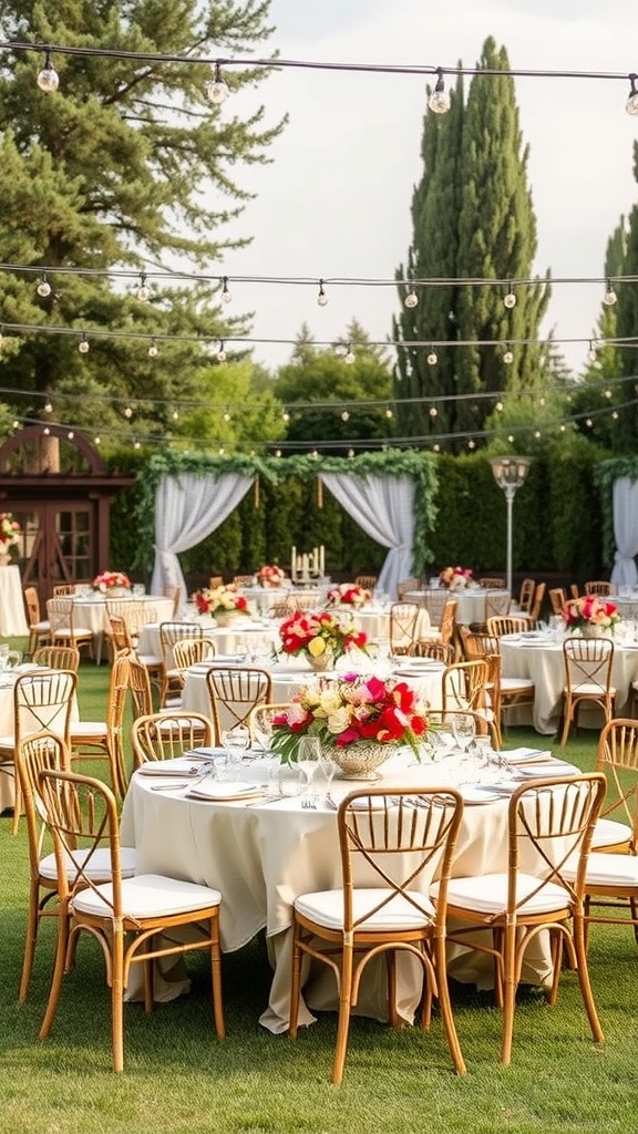 Outdoor party setup with tables, chairs, and floral arrangements surrounded by greenery and string lights.