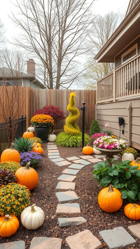 A small garden featuring pumpkins, colorful flowers, and a topiary figure along a stone pathway.